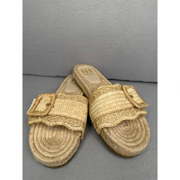 Haute Hippie Nyssa Gold Woven Espadrille Slide Sandals Womens 8.5M Buckle Boho - Picture 2 of 8